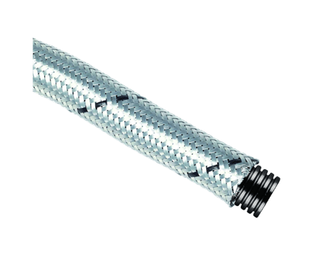 Flexible corrugated polyamide conduits PA 6 F 6,5x10 protected by galvanized steel braided sleeving AD10